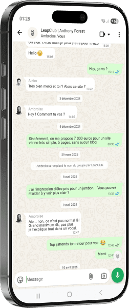 Aperçu interface Leap Club — liste des messages