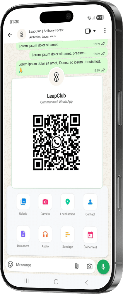 Aperçu interface Leap Club — détail message